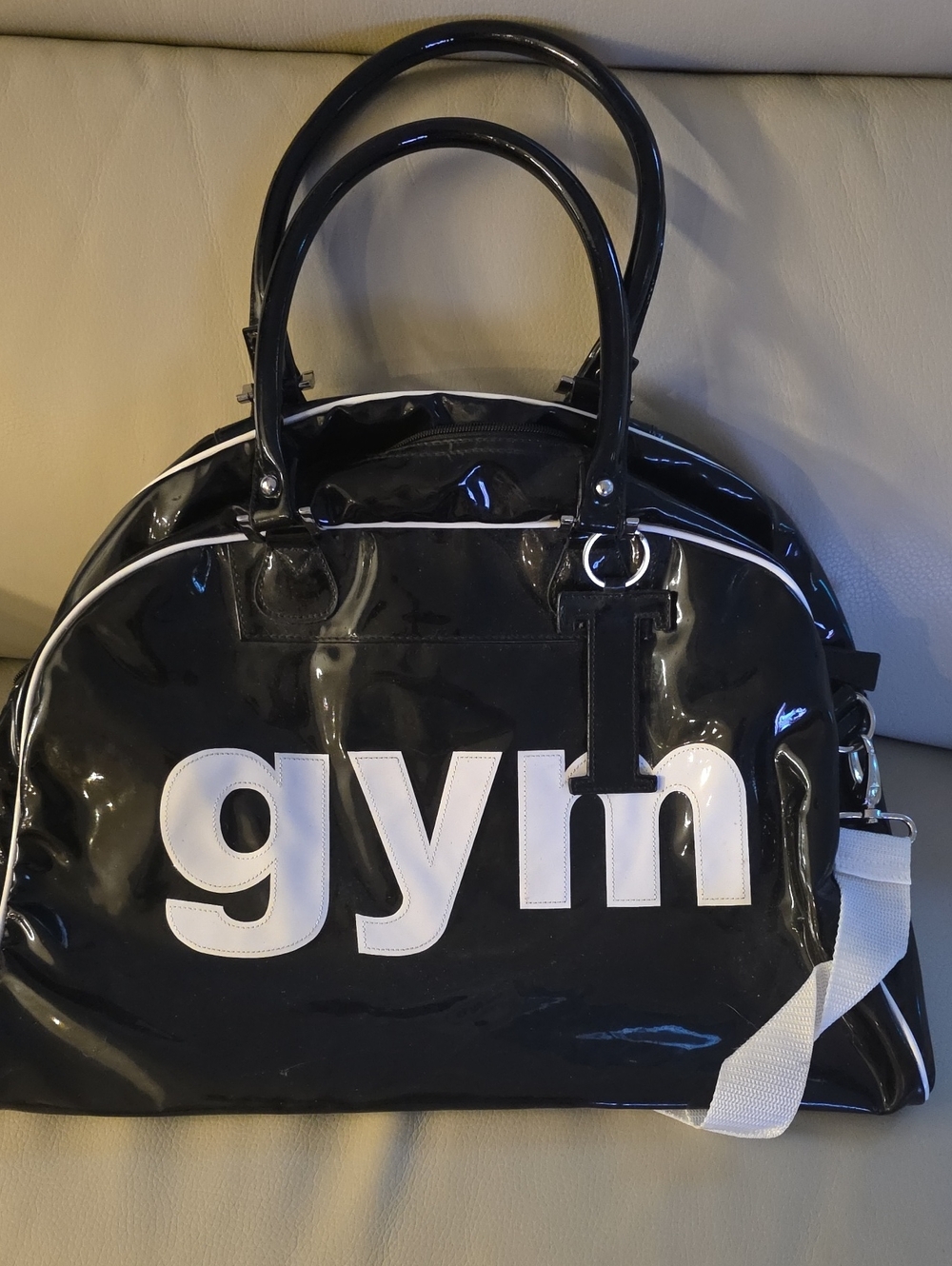 Trumpette Black Patent 'gym' Duffle Bag with White Accents
